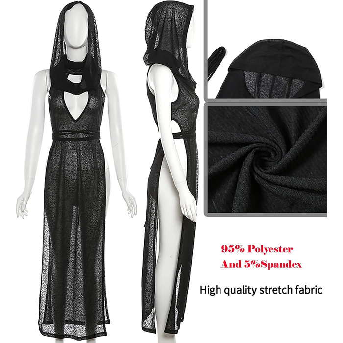 Жіноча сексуальна прозора готична сукня з капюшоном, коміром, без рукавів, костюм на Хелловін, EDM фестиваль, рейв-костюм, чорний колір, розмір M