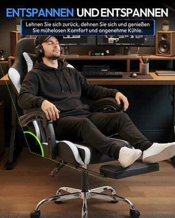 Ігрове крісло Dowinx, офісне крісло, масажне ігрове крісло з регульованими по висоті підлокітниками, ергономічне ігрове крісло з підставкою для ніг, м&39яке ігрове крісло, нахил спинки 150, до 180 кг, білий колір