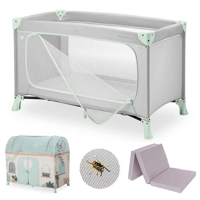 Дитяче дорожнє ліжечко hauck Dream N Play Plus XXL комплект аксесуарів з матрацом, ігровим тентом та сіткою від комах, складне та розкладне, сумка та великий вхід Dusty Mint