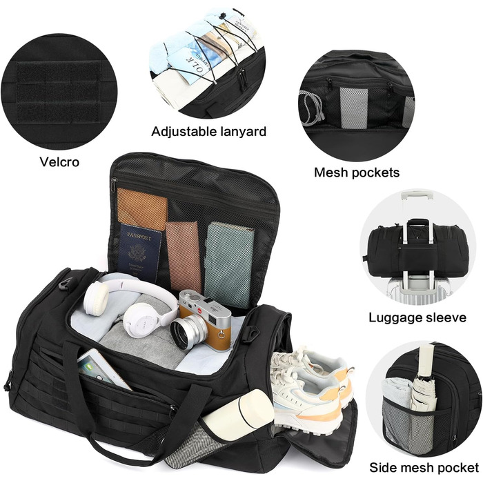 Тактична дорожня сумка-рюкзак 45 л для чоловіків та жінок, спортивна сумка 3-в-1 з відділенням для взуття, відділенням для вологи, багатофункціональна сумка для вихідних для спортзалу, подорожей, кемпінгу, походів, чорного кольору