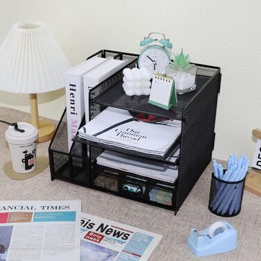 Сітчастий настільний органайзер з вертикальним тримачем для файлів, 5-ярусним лотком для паперу з висувною шухлядою та 2 тримачами для ручок, настільний органайзер з тримачем для журналів для офісного приладдя Black1