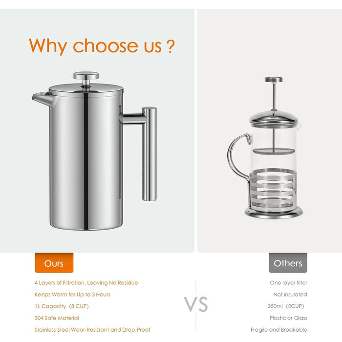 Кавоварка Enfmay French Press, 1 л френч-прес з нержавіючої сталі з 4 фільтрами та ложкою, знімна, легко чиститься, термо з ізоляцією з нержавіючої сталі для дому, подорожей та кемпінгу, срібло 1000 мл