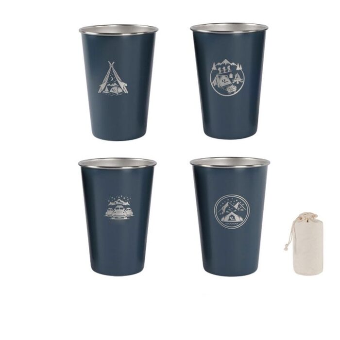 Набір з 4 кемпінгових чашок з нержавіючої сталі об&39ємом 500 мл, для походів та подорожей на природі, нержавіюча сталь 304, штабельовані, легкі, з сумкою для зберігання