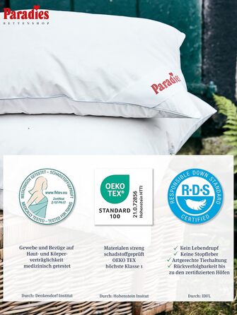 Пухова подушка PARADIES 80x80 см - 1200 г - Cleo Firm Organic - Жорстка подушка 80x80 см з гусячим пір&39ям та пухом, сертифікованими RDS, 80 x 80 см, висока підтримка