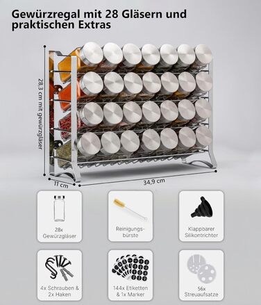 Підставка для спецій Deco haus, настінна та настінна З 28 БАНКАМИ ДЛЯ СПЕЦІЙ ТА ЕТИКЕТКАМИ - Органайзер для спецій - Органайзер для підставки для спецій - Підставка для спецій, підвісні підставки для спецій - Шафа для підставки для спецій, чорне місце для