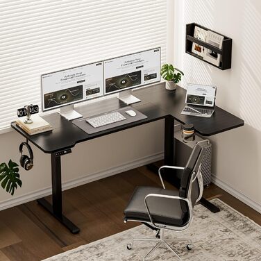 Кутовий стіл, регульований по висоті, L-подібний, 150 x 100 см, електричне регулювання висоти, ергономічний стіл з підставками для чашок та гачками, міцний офісний стіл, чорний, L-подібний, 59