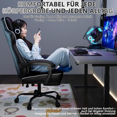 Ергономічне ігрове крісло, офісне крісло з підставкою для ніг, регульоване по висоті та нахилу, надзвичайно широке сидіння (51 см), ергономічна поперекова опора, вантажопідйомність до 150 кг, білий колір