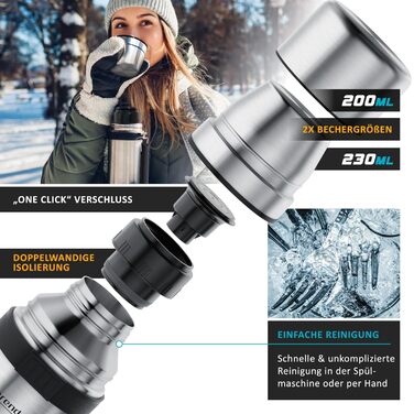 Термос з нержавіючої сталі об&39ємом 1 л - з 2 чашками - Термос з подвійними стінками - 1000 мл - Закриття одним клацанням - Герметичний - Знімна кришка - Без BPA - Стійкий до газованих напоїв - Срібний