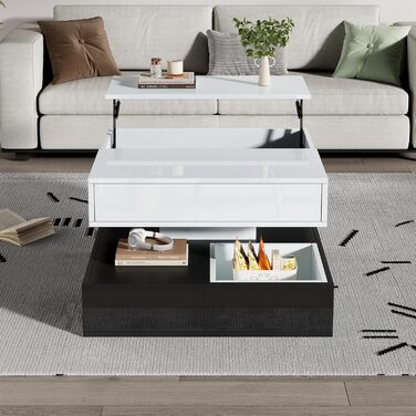 Журнальний столик Merax, що обертається на 360, сучасний журнальний столик, підйомний стіл для вітальні з 3 шухлядами та місцем для зберігання, глянцевий диванний столик, квадратний бічний столик білого та чорного кольорів, 70x70x40 см білого та чорного к