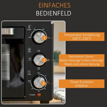 Міні-піч HOMCOM 21 л з 1 решіткою та 1 деком для випікання 3 режими приготування 100C-230C з регульованою температурою Міні-піч для піци 1400 Вт з решіткою для гриля Нержавіюча сталь Скло ЧорнийСріблястий