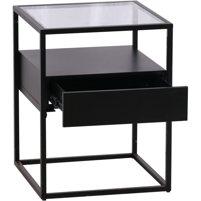 Журнальний столик Vissenbjerg, тумбочка з 1 шухлядою, стіл для вітальні, 51 x 40 x 40 см, столик для дивана, стільниця із загартованого скла, квадратний металевий каркас, чорний, матовий
