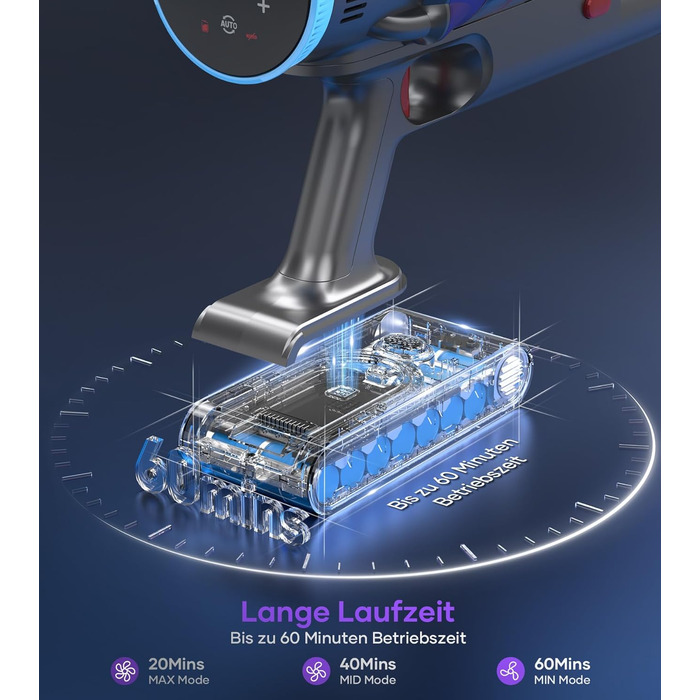 Акумуляторний пилосос MIBODE 45000Pa, акумуляторний пилосос потужністю 550 Вт з інтелектуальним дисплеєм, до 60 хвилин роботи, пил