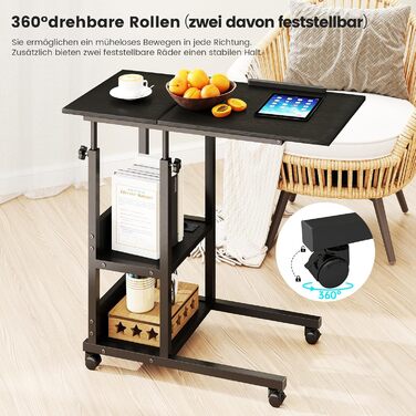 Приставний столик Hadulcet, С-подібний приставний столик з колесами, регульована стільниця, журнальний столик з розеткою, регульований по висоті диванний столик, столик для ноутбука для вітальні та спальні, чорний