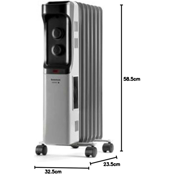 Масляний радіатор, 7 елементів. 1500 Вт. 3 рівні потужності. Регульований термостат. Захист від перегріву. Легке транспортування ручка та колеса. Низьке енергоспоживання, сірий. 1500 Вт 7 елементів