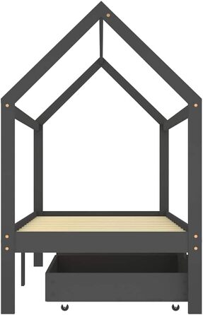 Дитяче ліжко з масиву дерева з 2 шухлядами в стилі будиночку на дереві, 90x200 см, темно-сірий колір, місце для зберігання речей та міцна рейкова конструкція, 206 x 97 x 140 см, темно-сірий колір