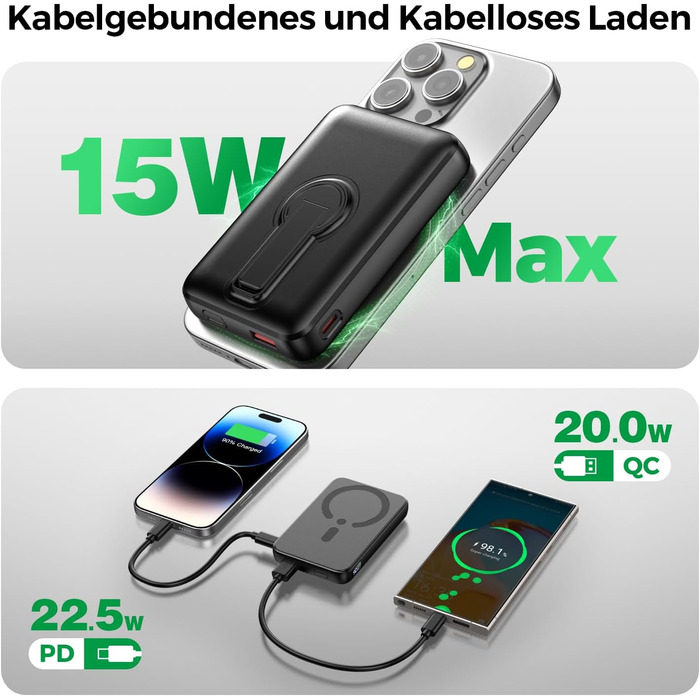 Зовнішній зарядний пристрій MagSafe, магнітний зовнішній зарядний пристрій ємністю 12000 мАг з PD 22,5 Вт, бездротовий зарядний пристрій зі швидкою зарядкою, входом та виходом Type-C, світлодіодним індикатором для iPhone серії 17/16/15/14/13/12/Pro/Pro Ma