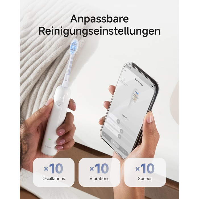 Звукова зубна щітка з 6 режимами чищення та акумулятором на 70 днів, 60 осциляції, контроль тиску, 2 інтелектуальні насадки (ABS Білий)