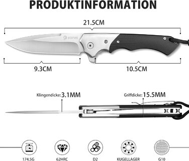 Складаний ніж NedFoss SWAN, ніж для виживання зі сталі d2 9,3 см з рукояткою G10, одноручний ніж, гострий кишеньковий ніж з кріпле