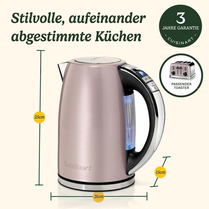 Чайник Cuisinart Multi-Temp 1,7 л | Рожевий | Швидке кип’ятіння 3000 Вт | Регульована температура 85–100°C | Бездротова база 360° | Нержавіюча сталь