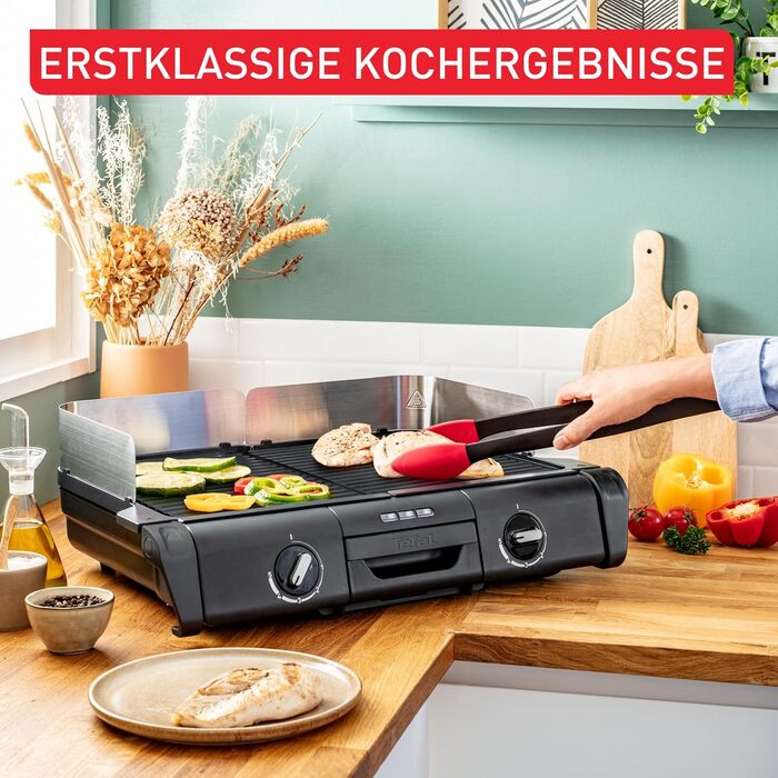 Електричний настільний гриль Tefal BBQ Family, 2 окремі зони з термостатами, антипригарні чавунно-алюмінієві пластини, підходять для посудомийки, глибокі жолобки, чорний/сріблястий, TG800N10