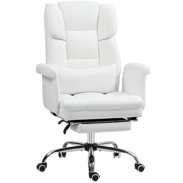 Офісний стілець HOMCOM Ергономічне робоче крісло з поперековою опорою, підлокітниками, підставкою для ніг, регульованим по висоті поворотним кріслом зі штучної шкіри, м&39яке комп&39ютерне крісло, білий колір
