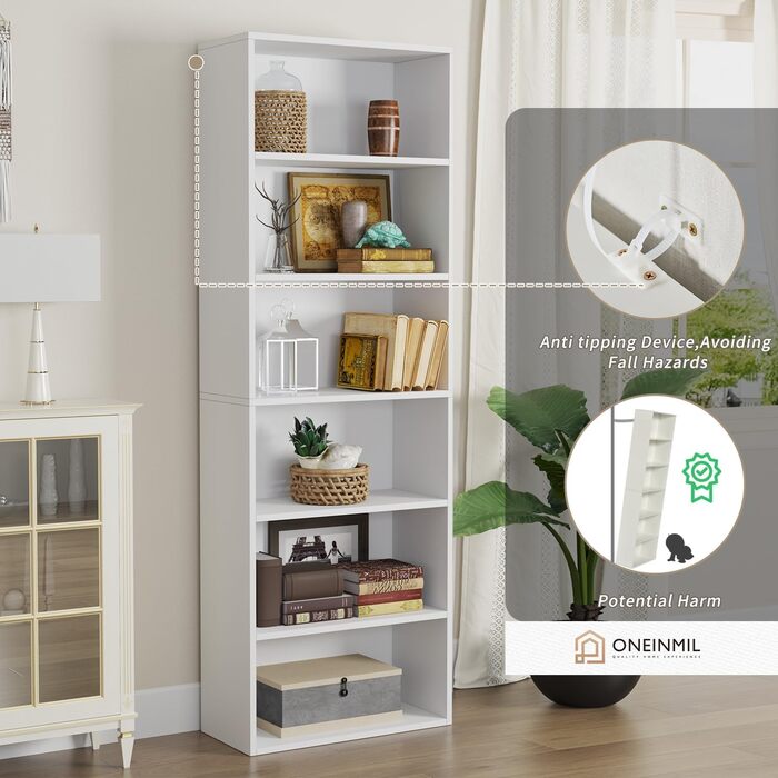 Книжкова полиця, 6-ярусна книжкова шафа, окремостояча полиця, висока книжкова полиця, сучасна відкрита дерев&39яна полиця, для вітальні, спальні, офісу, кабінету, 55,5 x 23,5 x 181 см, біла, 6 ярусів - 1 упаковка білого кольору
