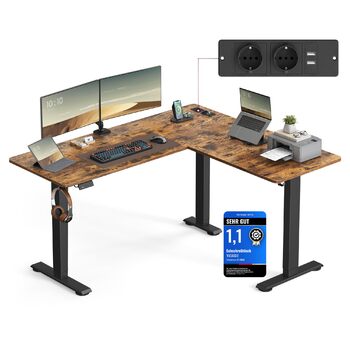 Електричний письмовий стіл з регульованою висотою, L-подібний кутовий стіл, 140 x 160 см, із зарядною станцією, функція пам&39яті з 2 висотами, для домашнього офісу, вінтажний коричневий - чорний LSD264K01 Вінтажний коричневий чорнильний