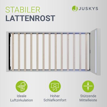 Ліжко Juskys Paris з м&39якою поверхнею 90x200 см зі світлодіодним освітленням, рейковим каркасом та узголів&39ям, ліжко з дерев&39яним каркасом та чохлом зі штучної шкіри, біле 90 x 200 см