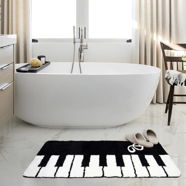 Чорно-білий килимок з мікрофібри з ворсистками у формі клавіш піаніно, абсорбуючий килимок для ванної, швидковисихаючий килимок для ванної, нековзний килимок для ванної, що миється, для вітальні та спальні (50x120 см, стиль A) з візерунком клавіш піаніно,
