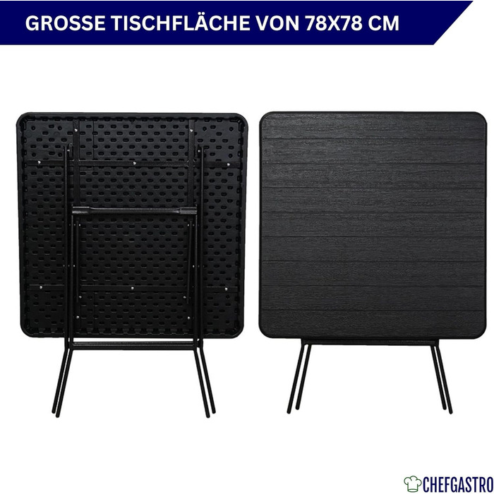 Складаний балконний стіл 78x78 см, водонепроникний садовий стіл для 4 осіб, пластиковий, під дерево, чорний, кемпінговий стіл, вуличний складний стіл, невеликі меблі для балкону, бістро, сад, тераса, балкон, під дерево, чорний