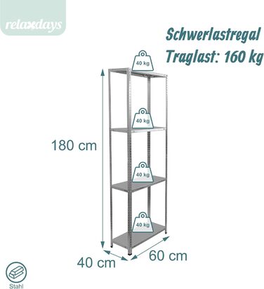Стелаж для зберігання Relaxdays, оцинкована сталь, ВШХ 180 x 60 x 40 см, 160 кг, 4 полиці, для підвалу та гаража, міцний стелаж, сріблястий