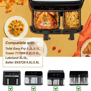 Папір для випічки GINOYA для Tefal EY9018 Dual Easy Fry 5.2/3.1 л, мультипіч Philips з подвійним кошиком 3000 серії, Moulinex 8.3 л, Cecotec, DMS, фритюрниці Аксесуари для двокамерної фритюрниці 100 шт. , папір для випічки для Tefal EY9018