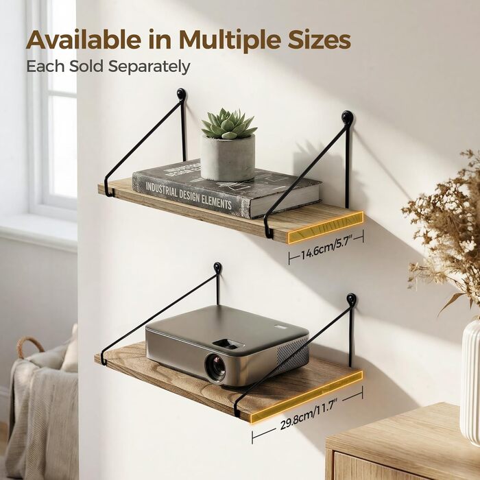 Настінна полиця Afuly, дерево, чорний метал, сільські полиці для стін, натуральний колір, ванна кімната, дитяча кімната, кухня, вітальня, комплект з 2 шт. , коричневий, 1,5 м завглибшки x 4,8 м завширшки