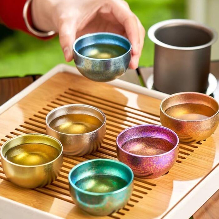 Маленька титанова чайна чашка для кемпінгу на свіжому повітрі, чашка для заварювання чаю, чайник, чашки з подвійними стінками, кавова чашка, яку можна мити в посудомийній машині, для кемпінгу, барвиста