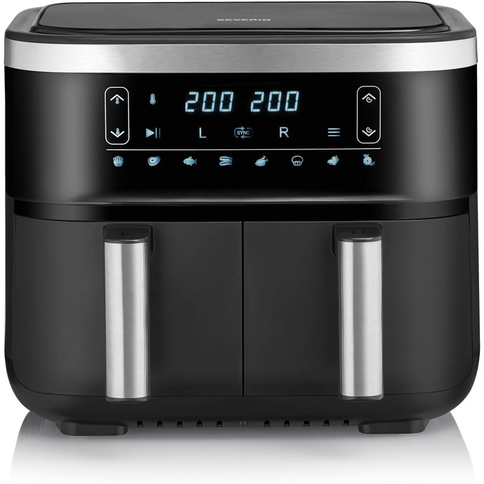 Подвійна фритюрниця SEVERIN з робочим простором 2 x 3.8 л, фритюрниця XXL для здорового приготування, 8 автоматичних програм, фритюрниця без жиру з функцією зневоднення, 2850 Вт, чорний/сріблястий, FR 2453 2 x 3.8 літровий кошик для приготування (паралель