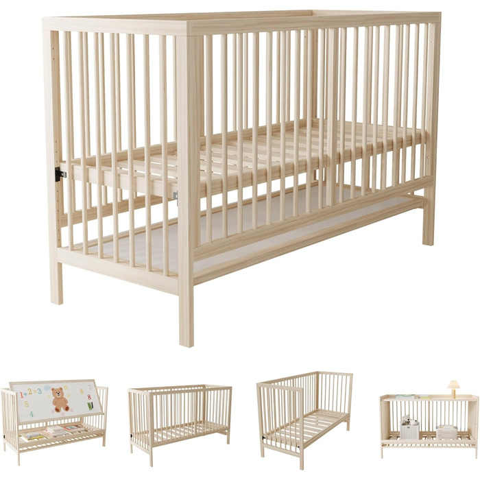 Дерев&39яне дитяче ліжко, багатофункціональне дитяче ліжко, що трансформується в бічне ліжко/підставку для малярної дошки/стіл, регульована висота, без матраца, 140x60x90 см