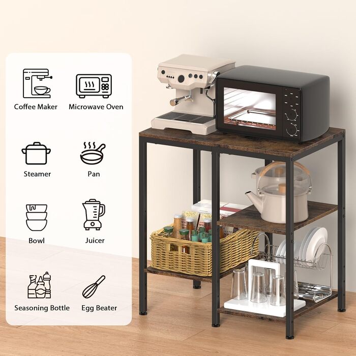 Підставка для кухонної мікрохвильової печі, 4-рівнева, регульована, багатофункціональний кухонний візок для зберігання кавоварки, компактна металева полиця для вітальні (коричнева) Коричнева