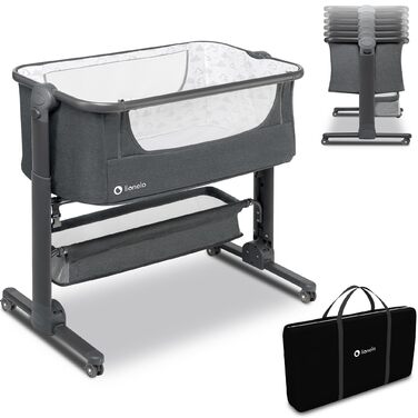 Дитяче ліжечко Lionelo Timon для подорожей, підходить для дітей від народження до 9 кг, з 6-рівневою функцією нахилу, зсувною бічною панеллю, сумкою для перенесення, складною, сірого кольору