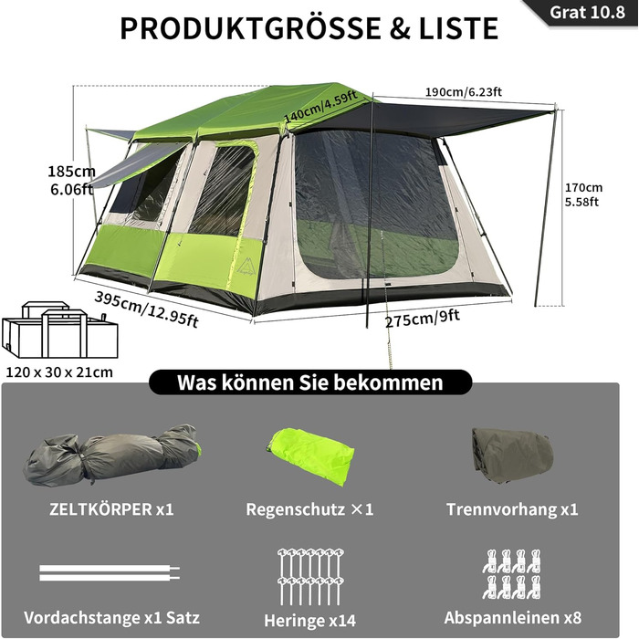 Намет TENPLAY Instant Pop-Up, великий сімейний намет, 2-8 осіб, легке встановлення, Rainfly, 2 кімнати, сумка для перенесення, водонепроникний PU 3000 мм, місткий та повітропроникний, для кемпінгу, пікніків, вечірок