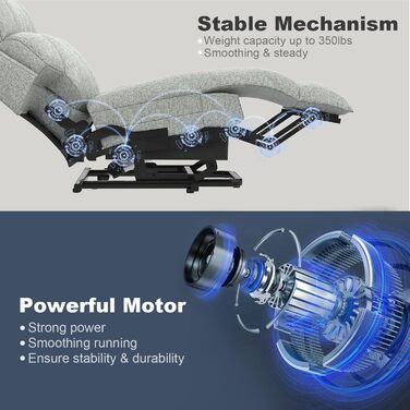 Електричне крісло-реклайнер/масажне крісло для телевізора з функцією відкидання спинки, підйомником, функцією масажу, підігрівом, підставкою для ніг, підстаканником, 4 бічними кишенями, портами типу C та USB, шкіряне крісло, сірий колір