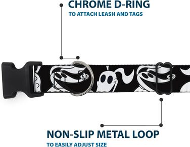Нашийник для собак Buckle-Down Кошмар перед Різдвом, Zero, чорно-білий, ширина 22.9-38.1 см, для собак з обхватом шиї 22.9-38.1 см, розмір S