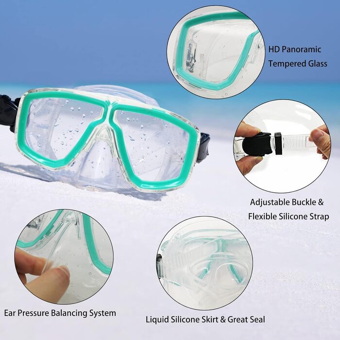 Комплект для дорослого підводного плавання з ластами, маскою для дайвінгу, трубкою сухого типу та сумкою для перенесення, колір аквамариновий, розмір S/M (36-41)