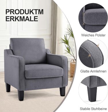 Крісло для вітальні, сучасне крісло з відкидною спинкою, підлокітниками та товстою подушкою, м&39який лляний одномісний диван для невеликих приміщень, зручне крісло для спальні, темно-сірий, комплект з