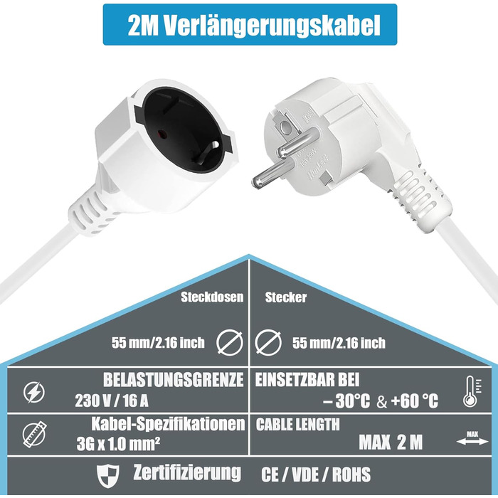 Подовжувач Schuko, спіральний подовжувач із заземленим контактом 2 м, від 0,6 м до 2 м макс, спіральний кабель 3G x 1,0 мм, подовжувач IP20 ПВХ, (230 В/16 А) зі штепсельною вилкою та муфтою Schuko, білий