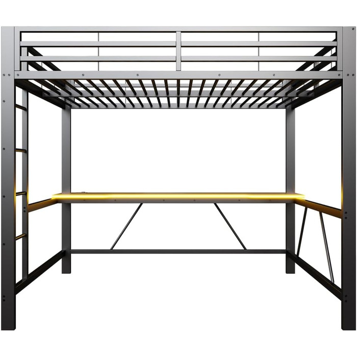 Каркас ігрового ліжка-горища з письмовим столом та світлодіодним підсвічуванням, USB-станція для зарядки, металевий каркас 160x200 см, чорний