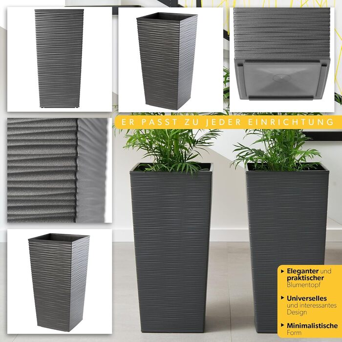 Набір з 3 рослинних горщиків KADAX з внутрішніми горщиками, висота 46,5/57,5/68 см, графіт міцні та всепогодні пластикові горщики для квітів, горщики для використання в приміщенні та на вулиці, висота 46/57/68 см, графіт