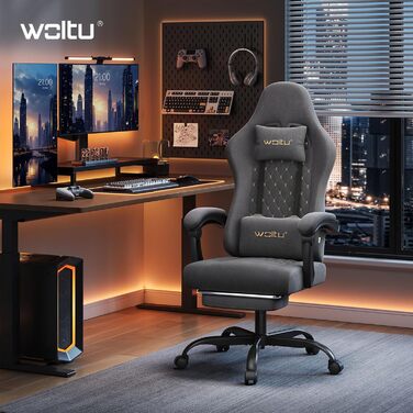 Ігрове крісло WOLTU з функцією масажу, ергономічне комп&39ютерне крісло, пружинні подушки Pocket Spring, масаж поперекового відділу хребта, підголівник, підставка для ніг, обертове крісло, 150 кг, технічна тканина, сіро-жовто-сіра технічна тканина