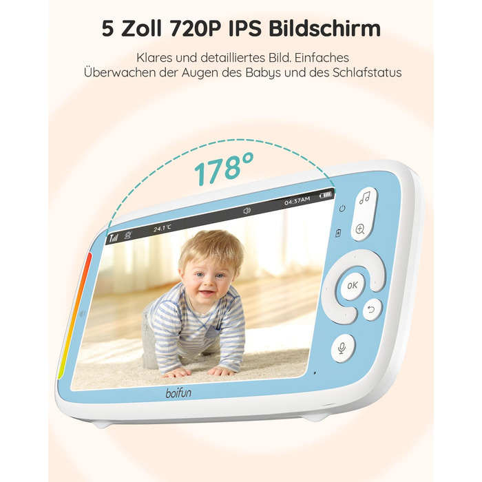 Радіоняня з камерою без Wi-Fi, автоматична радіоняня нічного бачення, PTZ огляд 360, 5-дюймовий IPS-екран 720P, 3 шт. зум, режим V