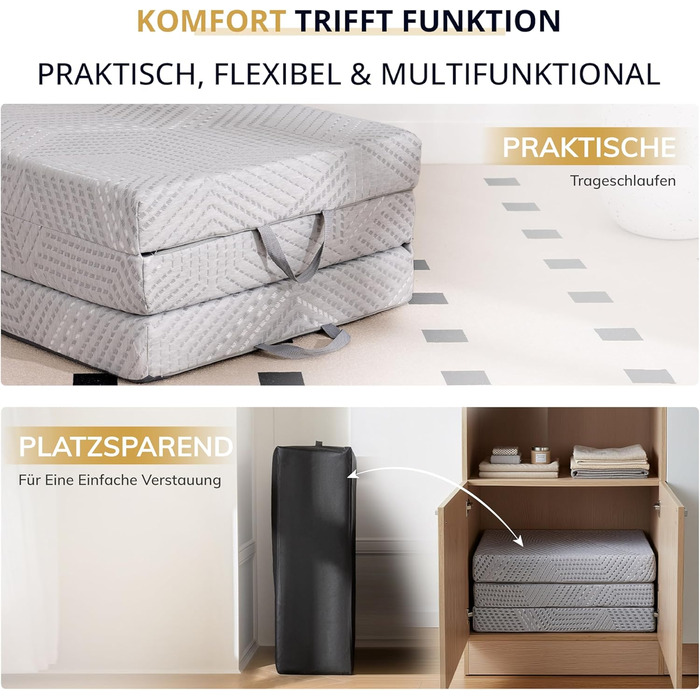 Складаний матрац EGO Home 65x196 см, 3-секційний складаний матрац, рівень жорсткості H3, висота 10 см, складаний матрац з гелевого пінопласту 196x65 см для подорожей, кемпінгу, використання на свіжому повітрі, підлога, гостьове ліжко, сертифікований Oeko-