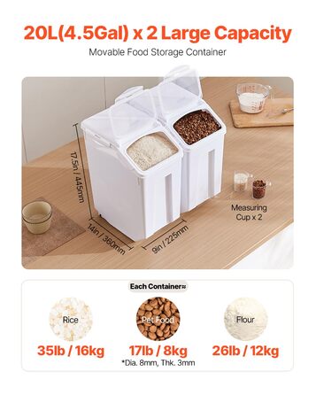 Контейнери для зберігання продуктів VEVOR, 2 шт. Дозатори для сухого корму, 2 x 20 л контейнери для круп, борошна, цукру, мюслі та інших кухонних інгредієнтів, герметичні контейнери для корму для тварин з коліщатками та мірною склянкою.